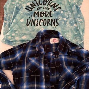 Lot of 2 Justice Girls Shirts 18/20 – Unicorn Graphic Tee + Blue Plaid Button-Up